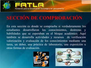 SECCIÓN DE COMPROBACIÓN
En esta sección es donde se comprueba si verdaderamente los
estudiantes desarrollaron los conocimientos, destrezas y
habilidades que se esperaban en el bloque académico. Aquí
también se desarrolla actividades y recursos de verificación
valorización y evaluación de los conocimientos mediante una
tarea, un deber, una práctica de laboratorio, una exposición u
otras formas de evaluación.
 