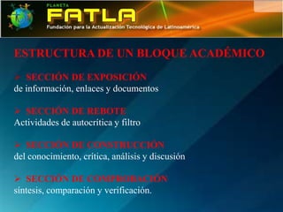 ESTRUCTURA DE UN BLOQUE ACADÉMICO
 SECCIÓN DE EXPOSICIÓN
de información, enlaces y documentos

 SECCIÓN DE REBOTE
Actividades de autocrítica y filtro

 SECCIÓN DE CONSTRUCCIÓN
del conocimiento, crítica, análisis y discusión

 SECCIÓN DE COMPROBACIÓN
síntesis, comparación y verificación.
 