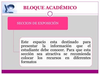 BLOQUE ACADÉMICO


SECCION DE EXPOSICIÓN




  Este espacio esta destinado para
  presentar la información que el
  estudiante debe conocer. Para que esta
  sección sea atractiva se recomienda
  colocar los recursos en diferentes
  formatos
 