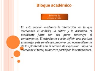 B loque académico

                      Sección de
                     construcción


En esta sección mediante la interacción, en la que
intervienen el análisis, la crítica y la discusión, el
estudiante junto con sus pares construye el
conocimiento. El estudiante puede definir cual postura
es la mejor y de ser el caso proponer una nueva diferente
de las planteadas en la sección de exposición. Aquí no
interviene el tutor, solamente participan los estudiantes.
 