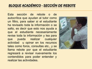 BLOQUE ACADÉMICO - SECCIÓN DE REBOTE

Esta sección de rebote o de
autocrítica que ayudan al tutor como
un filtro, para saber si el estudiante
ha revisado toda la información o se
salto, es decir que esto nos ayuda a
que el estudiante necesariamente
revise toda la información y lea para
que      pueda      realizar cualquier
actividad u opinar en los recursos
tales como foros, consultas etc., y se
llama rebote por que el estudiante
regresará a revisar nuevamente los
contendidos para poder entender y
realizar las actividades.
 