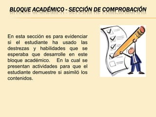 BLOQUE ACADÉMICO - SECCIÓN DE COMPROBACIÓN



En esta sección es para evidenciar
si el estudiante ha usado las
destrezas y habilidades que se
esperaba que desarrolle en este
bloque académico. En la cual se
presentan actividades para que el
estudiante demuestre si asimiló los
contenidos.
 
