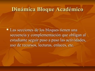 Dinámica Bloque Académico


   Las secciones de los bloques tienen una
    secuencia y complementación que obligan al
    estudiante seguir paso a paso las actividades,
    uso de recursos, lecturas, enlaces, etc.
 