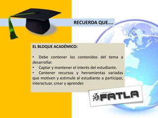 RECUERDA QUE….



EL BLOQUE ACADÉMICO:

• Debe contener los contenidos del tema a
desarrollar.
• Captar y mantener el interés del estudiante.
• Contener recursos y herramientas variadas
que motiven y estimule al estudiante a participar,
interactuar, crear y aprender.
 