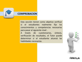 COMPROBACION

 Esta sección tienen como objetivo verificar
 si el estudiantes realmente fijo los
 conocimientos y competencias necesarias
 para pasar al siguiente nivel .
 A través de cuestionarios, síntesis,
 verificación de resultados, el Tutor puede
 determinar si el estudiante alcanzó las
 habilidades necesarias.
 