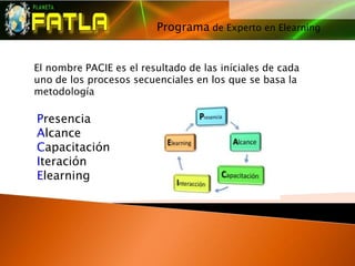 Programa de Experto en Elearning
                                         




El nombre PACIE es el resultado de las iníciales de cada
uno de los procesos secuenciales en los que se basa la
metodología

Presencia
Alcance
Capacitación
Iteración
Elearning
 