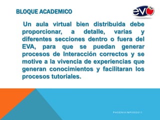 BLOQUE ACADEMICOUn aula virtual bien distribuida debe proporcionar, a detalle, varias y diferentes secciones dentro o fuera del EVA, para que se puedan generar procesos de Interacción correctos y se motive a la vivencia de experiencias que generan conocimientos y facilitaran los procesos tutoriales.Phoenix/MPI052011