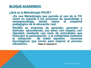 BLOQUE ACADEMICO¿Qué es la Metodología PACIE?	«Es una Metodología que permite el uso de la TIC como un soporte a los procesos de aprendizaje y autoaprendizaje, dando realce al esquema pedagógico de la educación real.	PACIES es sinónimo de aprender, aprender y disfrutar  aprendiendo, con amor, con respeto, con dignidad, mediante una serie de actividades que fomenten la participación  y la solidaridad mediante la utilización  de todos aquellos  recursos tecnológicos que sirvan para mejorar el proceso educativo».             Pedro X. Camacho P.Phoenix/MPI052011