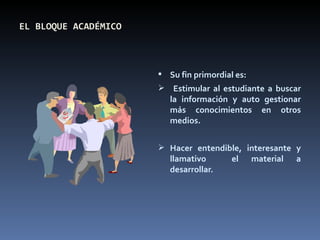 EL BLOQUE ACADÉMICO



                       Su fin primordial es:
                          Estimular al estudiante a buscar
                          la información y auto gestionar
                          más conocimientos en otros
                          medios.


                       Hacer entendible, interesante y
                          llamativo      el     material   a
                          desarrollar.
 