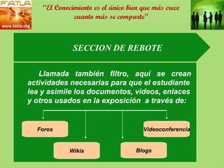 SECCION DE REBOTE Llamada  también  filtro,  aquí  se  crean  actividades necesarias para que el estudiante  lea y asimile los documentos, videos, enlaces y otros usados en la exposición  a través de: Foros Videoconferencia Wikis Blogs “ El Conocimiento es el único bien que más crece cuanto más se comparte” 
