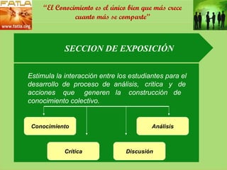 SECCION DE EXPOSICIÓN Estimula la interacción entre los estudiantes para el desarrollo  de  proceso  de  análisis,  critica  y  de  acciones  que  generen  la  construcción  de conocimiento colectivo. Conocimiento Crítica Discusión Análisis “ El Conocimiento es el único bien que más crece cuanto más se comparte” 
