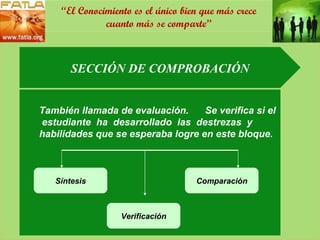 SECCIÓN DE COMPROBACIÓN También llamada de evaluación.  Se verifica si el  estudiante  ha  desarrollado  las  destrezas  y habilidades que se esperaba logre en este bloque. Síntesis Verificación Comparación “ El Conocimiento es el único bien que más crece cuanto más se comparte” 