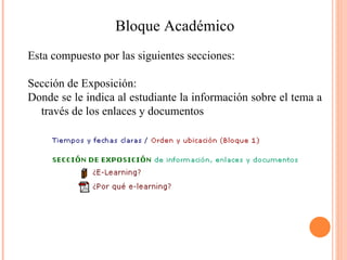 Bloque Académico Esta compuesto por las siguientes secciones: Sección de Exposición: Donde se le indica al estudiante la información sobre el tema a través de los enlaces y documentos  