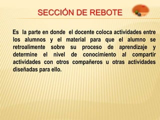 SECCIÓN DE REBOTE
Es la parte en donde el docente coloca actividades entre
los alumnos y el material para que el alumno se
retroalimente sobre su proceso de aprendizaje y
determine el nivel de conocimiento al compartir
actividades con otros compañeros u otras actividades
diseñadas para ello.
 
