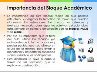 Importancia del Bloque Académico
• La importancia de este bloque radica en que permite
  estructurar y desglosar la temática de forma que puedan
  alcanzarse los estándares, las marcas académicas y
  destrezas necesarias para lograr los objetivos del aula, claro
  está, siempre en perfecta articulación con los bloques PACIE
  y de Cierre.
• Por eso es importante que el tutor
  del aula, utilice los recursos y/o
  actividades de la forma mas clara y
  precisa posible, que sea diverso en
  el uso de los mismos para evitar la
  monotonía y despertar la curiosidad
  y creatividad de los participantes.
• Esta dinámica se lleva a cabo a
  través de las secciones que se
  explican a continuación.
 