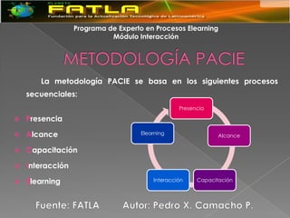 Programa de Experto en Procesos Elearning
                            Módulo Interacción




       La metodología PACIE se basa en los siguientes procesos
    secuenciales:
                                                  Presencia

   Presencia

   Alcance                          Elearning                 Alcance

   Capacitación

   Interacción

   Elearning                            Interacción    Capacitación
 