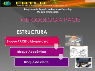 Programa de Experto en Procesos Elearning
                    Módulo Interacción




      ESTRUCTURA
Bloque PACIE o bloque cero


      Bloque Académico


          Bloque de cierre
 