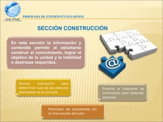 PROGRAMA DE EXPERTO EN ELEARNING


              SECCIÓN CONSTRUCCIÓN

En esta sección la información y
contenido permite al estudiante
construir el conocimiento, lograr el
objetivo de la unidad y la habilidad
o destrezas requeridas.




   Genera     interacción     para
   determinar cual de las posturas                    Propicia la búsqueda de
   planteadas es la correcta                          información para defender
                                                      posturas


                     Participan los estudiantes sin
                     la intervención del tutor
 