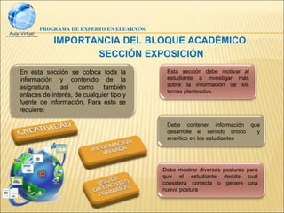 PROGRAMA DE EXPERTO EN ELEARNING

            IMPORTANCIA DEL BLOQUE ACADÉMICO
                   SECCIÓN EXPOSICIÓN
En esta sección se coloca toda la          Esta sección debe motivar al
información y contenido de la              estudiante a investigar más
asignatura,   así    como     también      sobre la información de los
                                           temas planteados.
enlaces de interés, de cualquier tipo y
fuente de información. Para esto se
requiere:

                                           Debe contener información que
                                           desarrolle el sentido crítico y
                                           analítico en los estudiantes




                                          Debe mostrar diversas posturas para
                                          que el estudiante decida cual
                                          considera correcta o genere una
                                          nueva postura
 