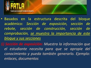 Basados en la estructura descrita del bloque académico: Sección de exposición, sección de rebote, sección de construcción, sección de comprobación, se muestra la importancia de este bloque y sus secciones1) Sección de exposición: Muestra la información que el estudiante necesita para que se apropie del conocimiento y pueda también generarlo. Ejemplo: enlaces, documentos 