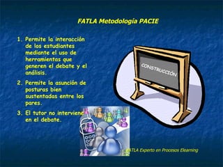 CONSTRUCCIÓN Permite la interacción de los estudiantes mediante el uso de herramientas que generen el debate y el análisis. Permite la asunción de posturas bien sustentadas entre los pares. El tutor no interviene en el debate. FATLA Experto en Procesos Elearning FATLA Metodología PACIE