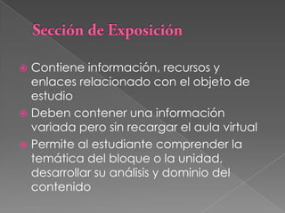 Sección de ExposiciónContiene información, recursos y enlaces relacionado con el objeto de estudioDeben contener una información variada pero sin recargar el aula virtualPermite al estudiante comprender la temática del bloque o la unidad, desarrollar su análisis y dominio del contenido 