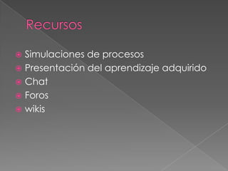 RecursosSimulaciones de procesosPresentación del aprendizaje adquiridoChatForoswikis