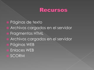 RecursosPáginas de texto Archivos cargados en el servidorFragmentos HTMLArchivos cargados en el servidorPáginas WEBEnlaces WEBSCORM