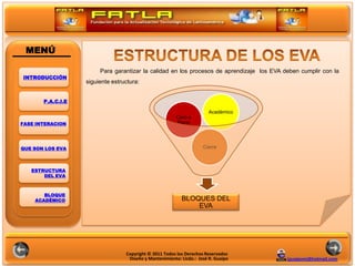 MENÚ

                        Para garantizar la calidad en los procesos de aprendizaje los EVA deben cumplir con la
INTRODUCCIÓN
                   siguiente estructura:


       P.A.C.I.E


                                                                                    POLITICAS
                                                                        Académico
                                                         Cero o
FASE INTERACION                                          Pacie




QUE SON LOS EVA                                                      Cierre



   ESTRUCTURA
       DEL EVA



       BLOQUE
    ACADÉMICO                                              BLOQUES DEL
                                                               EVA




                                  Copyright © 2011 Todos los Derechos Reservados
                                   Diseño y Mantenimiento: Licdo.: José R. Guaipo          jguaipom@hotmail.com
 
