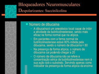 Bloqueadores Neuromusculares D espolarizantes: Succinilcolina Número de dibucaína A dibucaína é um anestésico local capaz de inibir a atividade da butirilcolinesterase, sendo mais eficaz na forma normal que na atípica. Em pacientes com a forma normal da butirilcolinesterase esta é 80% inibida pela dibucaína, sendo o número de dibucaína = 80 Na presença da forma atípica, o número de dibucaína cai podendo chegar a 20 O número de dibucaína não se refere a concentração sérica de butirilcolinesterase nem à sua ação sob o substrato. Servindo apenas como indicador da presença da forma atípica da enzima 