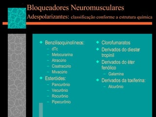 Bloqueadores Neuromusculares Adespolarizantes:   classificação conforme a estrutura química Benzilisoquinolíneos:  dTc Metocurarina Atracúrio Cisatracúrio Mivacúrio Esteróides: Pancurônio Vecurônio Rocurônio Pipecurônio Clorofumaratos Derivados do diester tropinil Derivados do èter fenólico Galamina Derivados da toxiferina: Alcurônio 