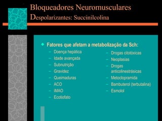 Bloqueadores Neuromusculares D espolarizantes: Succinilcolina Fatores que afetam a metabolização da Sch: Doença hepática Idade avançada Subnutrição Gravidez Queimaduras ACO iMAO Ecotiofato Drogas citotóxicas Neoplasias Drogas anticolinestrásicas Metoclopramida Bambuterol (terbutalina) Esmolol 