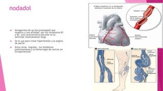 nodadol
 Antagonista de accion prolongada que
muestra y una afinidad por los receptores B1
y B2 .una característica peculiar es su
semivida relativamente larga
 Se le usa para tratar hipertensión y la angina
de pecho
 Entre otras migraña , los temblores
parkinsonianos y la hemorragia de varices en
la hipertensión
 