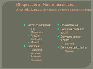 Bloqueadores Neuromusculares Adespolarizantes:   classificação conforme a estrutura química Benzilisoquinolíneos:  dTc Metocurarina Atracúrio Cisatracúrio Mivacúrio Esteróides: Pancurônio Vecurônio Rocurônio Pipecurônio Clorofumaratos Derivados do diester tropinil Derivados do èter fenólico Galamina Derivados da toxiferina: Alcurônio 