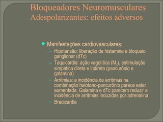 Bloqueadores Neuromusculares Adespolarizantes: efeitos adversos Manifestações cardiovasculares: Hipotensão: liberação de histamina e bloqueio ganglionar (dTc) Taquicardia: ação vagolítica (M 2 ), estimulação simpática direta e indireta (pancurônio e galamina) Arritmias: a incidência de arritmias na combinação halotano-pancurônio parece estar aumentada. Galamina e dTc parecem reduzir a incidência de arritmias induzidas por adrenalina Bradicardia  