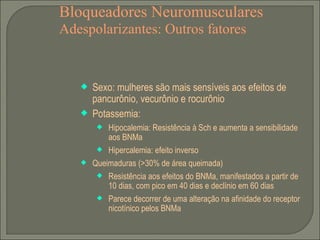 Bloqueadores Neuromusculares Adespolarizantes: Outros fatores  Sexo: mulheres são mais sensíveis aos efeitos de pancurônio, vecurônio e rocurônio Potassemia: Hipocalemia: Resistência à Sch e aumenta a sensibilidade aos BNMa Hipercalemia: efeito inverso Queimaduras (>30% de área queimada) Resistência aos efeitos do BNMa, manifestados a partir de 10 dias, com pico em 40 dias e declínio em 60 dias Parece decorrer de uma alteração na afinidade do receptor nicotínico pelos BNMa 