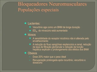Bloqueadores Neuromusculares Populações especiais Lactentes: Vecurônio age como um BNM de longa duração ED 95   do mivacúrio está aumentada Idosos A sensibilidade do receptor nicotínico não é alterada pelo envelhecimento A redução do fluxo sangüíneo esplancnico e renal, redução da taxa de filtração glomerular e redução da função hepática explicam o prolongamento dos efeitos dos BNM Obesos Dose 20% maior que o peso ideal Recuperação prolongada após rocurônio, vecurônio e doxacúrio 