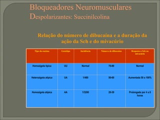 Bloqueadores Neuromusculares D espolarizantes: Succinilcolina Relação do número de dibucaína e a duração da ação da Sch e do mivacúrio Tipo da enzima Genótipo Incidência Número de dibucaína Resposta a Sch ou mivacúrio Homozigota típica UU Normal 70-80 Normal Heterozigota atípica UA 1/480 50-60 Aumentada 50 a 100% Homozigota atípica AA 1/3200 20-30 Prolongada por 4 a 8 horas 
