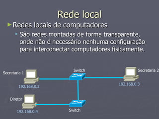 Rede local
  ► Redes       locais de computadores
       São redes montadas de forma transparente,
        onde não é necessário nenhuma configuração
        para interconectar computadores fisicamente.


                            Switch                  Secretaria 2
Secretaria 1

                                          192.168.0.3
        192.168.0.2


    Diretor


       192.168.0.4        Switch
 