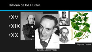 Historia de los Curare
•XV
•XIX
•XX
Daniel Bovet (1907-1992)
Strychins Toxifera
 