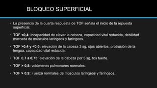 • La presencia de la cuarta respuesta de TOF señala el inicio de la repuesta
superficial.
• TOF <0,4: Incapacidad de elevar la cabeza, capacidad vital reducida, debilidad
marcada de músculos laríngeos y faríngeos.
• TOF >0,4 y <0,6: elevación de la cabeza 3 sg, ojos abiertos, protrusión de la
lengua, capacidad vital reducida.
• TOF 0,7 a 0,75: elevación de la cabeza por 5 sg, tos fuerte.
• TOF > 0,8: volúmenes pulmonares normales.
• TOF > 0,9: Fuerza normales de músculos laríngeos y faríngeos.
BLOQUEO SUPERFICIAL
 