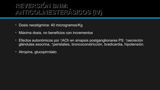 REVERSIÓN BNM:REVERSIÓN BNM:
ANTICOLINESTERÁSICOS (IV)ANTICOLINESTERÁSICOS (IV)
• Dosis neostigmina: 40 microgramos/Kg
• Máxima dosis, no beneficios con incrementos
• Efectos autonómicos por ↑ACh en sinapsis postganglionares PS: ↑secreción
glándulas exocrina, ↑peristalsis, broncoconstricción, bradicardia, hipotensión.
• Atropina, glucopirrolato
 