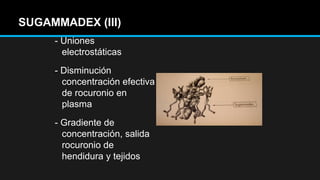 SUGAMMADEX (III)SUGAMMADEX (III)
- Uniones
electrostáticas
- Disminución
concentración efectiva
de rocuronio en
plasma
- Gradiente de
concentración, salida
rocuronio de
hendidura y tejidos
 