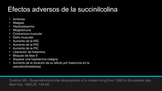 Efectos adversos de la succinilcolina
Dorkins HR - Suxamethonium-the development of a modern drug from 1906 to the present day.
Med Hist, 1982;26: 145-68
• Arritmias
• Mialgias
• Hiperpotasemia
• Mioglobinuria
• Contractura muscular
• Daño muscular
• Aumento de la PIG
• Aumento de la PIO
• Aumento de la PIC
• Liberación de histamina
• Bloqueo de fase II
• Disparar una hipertermia maligna
• Aumento de la duración de su efecto por trastornos en la
pseudocolinesterasa
 