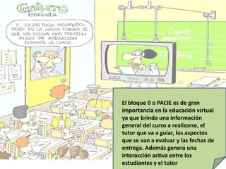 El bloque 0 o PACIE es de gran
importancia en la educación virtual
ya que brinda una información
general del curso a realizarse, el
tutor que va a guiar, los aspectos
que se van a evaluar y las fechas de
entrega. Además genera una
interacción activa entre los
estudiantes y el tutor
 