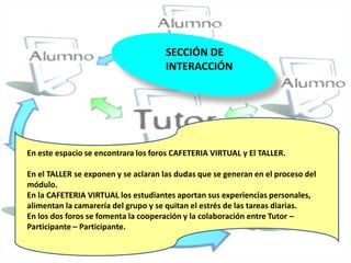 SECCIÓN DE
                                     INTERACCIÓN




En este espacio se encontrara los foros CAFETERIA VIRTUAL y El TALLER.

En el TALLER se exponen y se aclaran las dudas que se generan en el proceso del
módulo.
En la CAFETERIA VIRTUAL los estudiantes aportan sus experiencias personales,
alimentan la camarería del grupo y se quitan el estrés de las tareas diarias.
En los dos foros se fomenta la cooperación y la colaboración entre Tutor –
Participante – Participante.
 