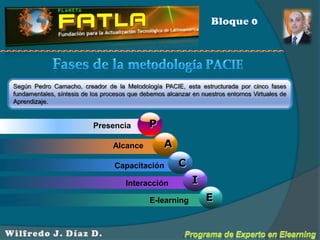 APCIBloque 0Fases de la metodología PACIESegún Pedro Camacho, creador de la Metodología PACIE, esta estructurada por cinco fases fundamentales, síntesis de los procesos que debemos alcanzar en nuestros entornos Virtuales de Aprendizaje.   PresenciaAlcanceCapacitaciónInteracciónEE-learningPrograma de Experto en ElearningWilfredo J. Díaz D.