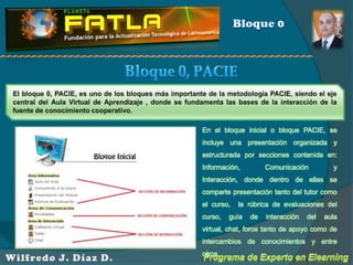 Bloque 0Bloque 0, PACIEEl bloque 0, PACIE, es uno de los bloques más importante de la metodología PACIE, siendo el eje central del Aula Virtual de Aprendizaje , donde se fundamenta las bases de la interacción de la fuente de conocimiento cooperativo.   En el bloque inicial o bloque PACIE, se incluye una presentación organizada y estructurada por secciones contenida en: Información, Comunicación y Interacción, donde dentro de ellas se comparte presentación tanto del tutor como el curso,  la rúbrica de evaluaciones del curso, guía de interacción del aula virtual, chat, foros tanto de apoyo como de intercambios de conocimientos y entre otros.Programa de Experto en ElearningWilfredo J. Díaz D.
