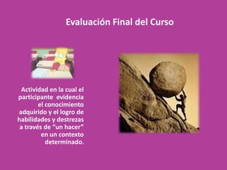 Evaluación Final del Curso




 Actividad en la cual el
participante evidencia
        el conocimiento
adquirido y el logro de
habilidades y destrezas
 a través de “un hacer”
         en un contexto
           determinado.
 