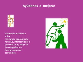 Ayúdanos a mejorar




Valoración estadística
sobre
relevancia, pensamiento
reflexivo, interactividad, a
poyo del tutor, apoyo de
los compañeros e
interpretación de
contenidos.
 